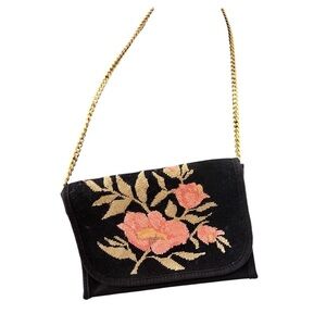 Vintage Needlepoint Floral Black Bag Chain Strap